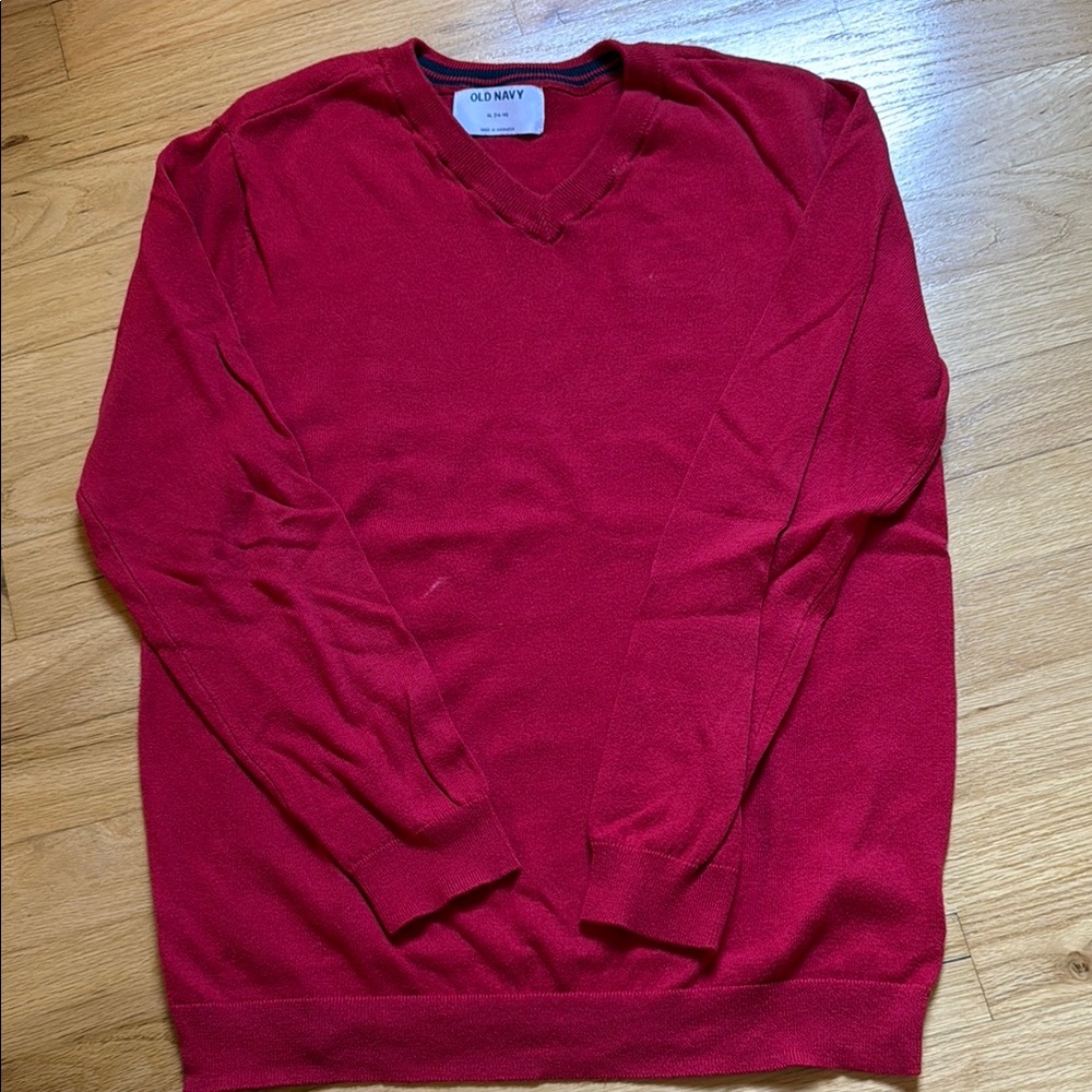 Old Navy Red V-Neck Sweater with Ribbed Cuffs